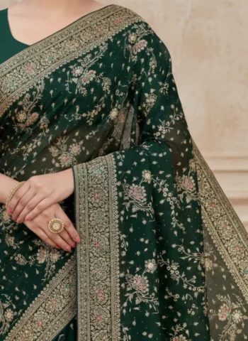 Jyotikaa Zari Border Emerald Green Georgette Saree