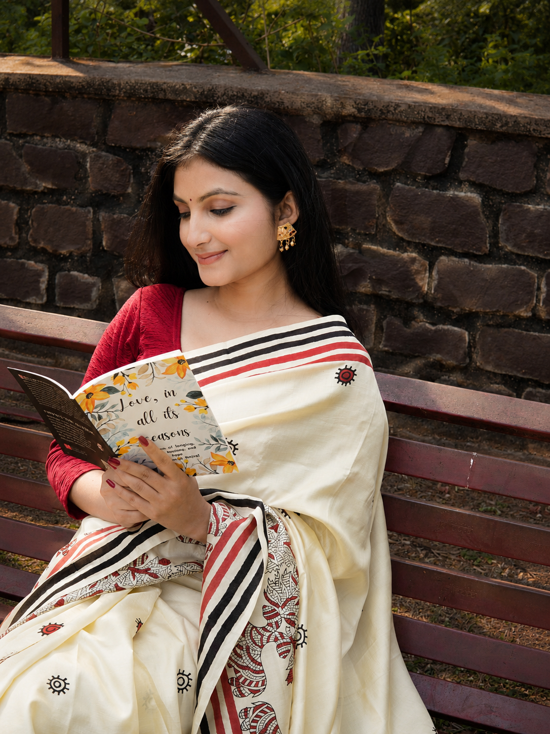 Ivory Pure Silk Saree Portrait Editorial Look Woman wearing ivory pure silk hand printed saree with elegant styling