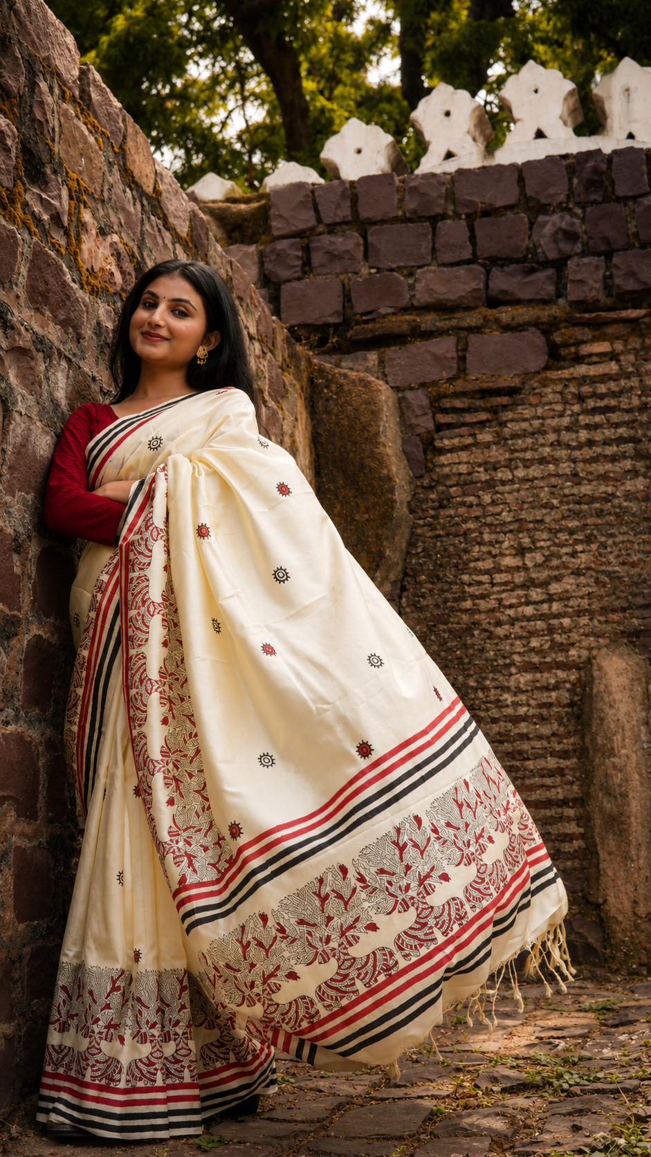 Ivory Pure Silk Saree Full Drape Editorial Look Woman wearing ivory pure silk hand printed saree with elegant border