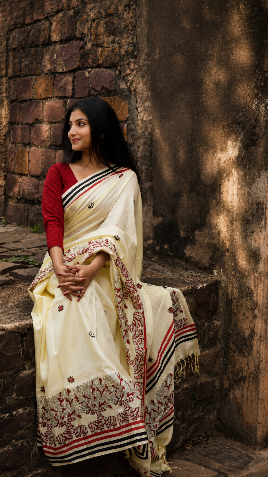 Ivory Pure Silk Saree Festive Editorial Look Woman wearing ivory pure silk hand printed saree with festive styling