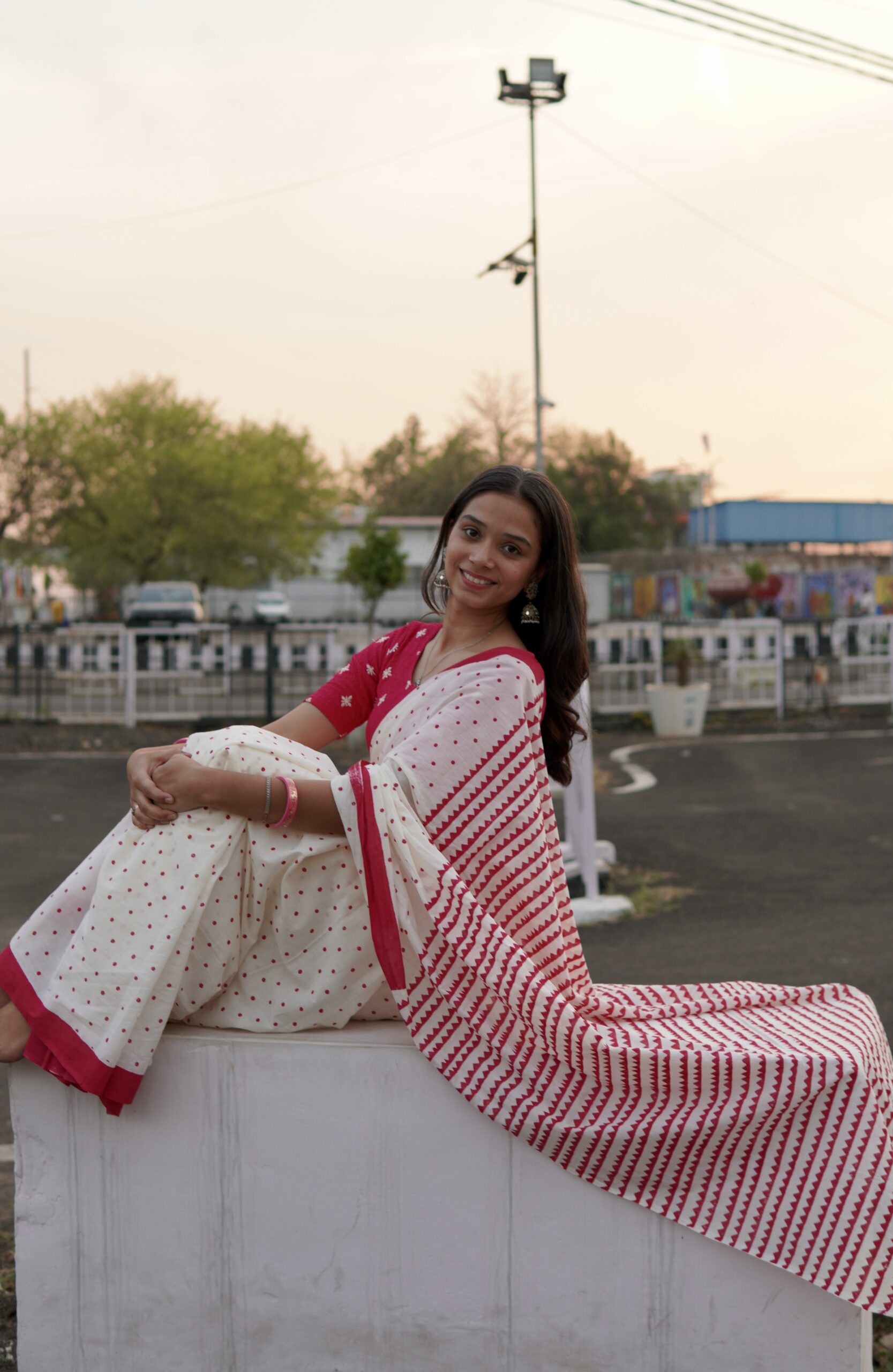 Hand Block Print Cotton Saree Red and white hand block print cotton saree with traditional geometric motifs