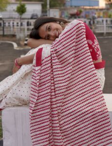 Red and white hand block print cotton saree with traditional geometric motifs