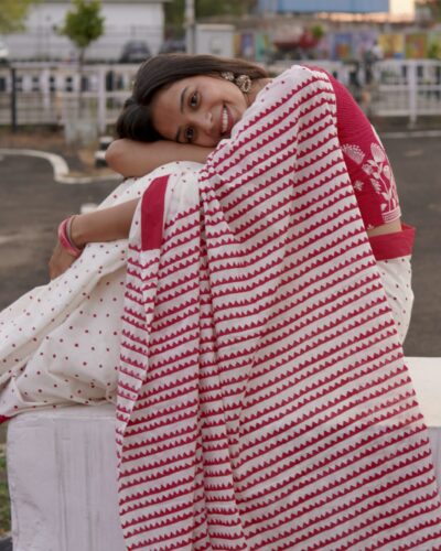 Red and white hand block print cotton saree with traditional geometric motifs