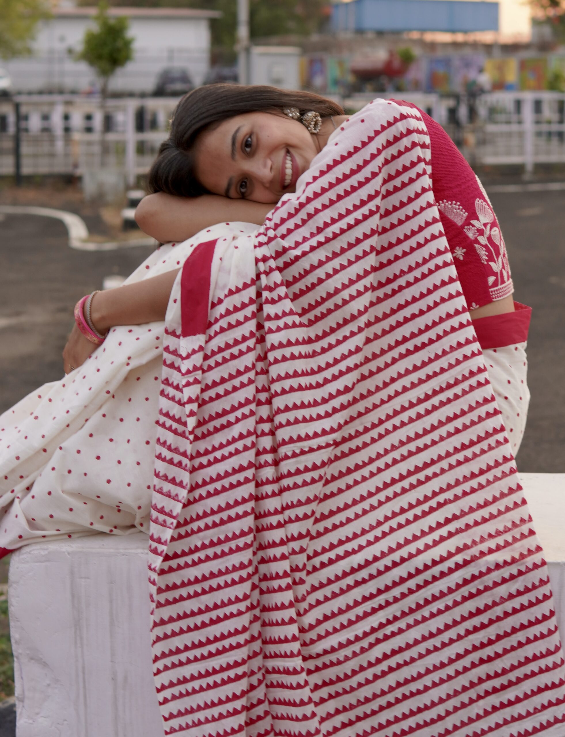 Hand Block Print Cotton Saree Red and white hand block print cotton saree with traditional geometric motifs
