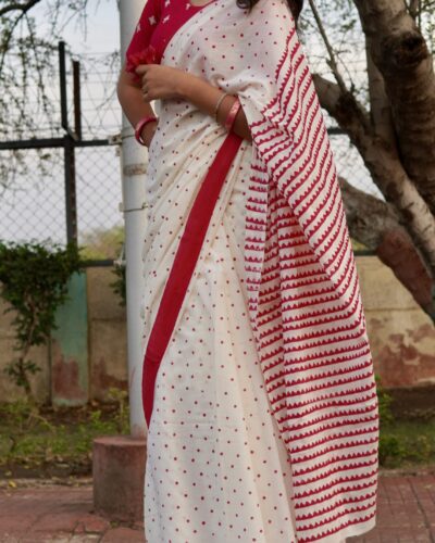 Red and white hand block print cotton saree with traditional geometric motifs