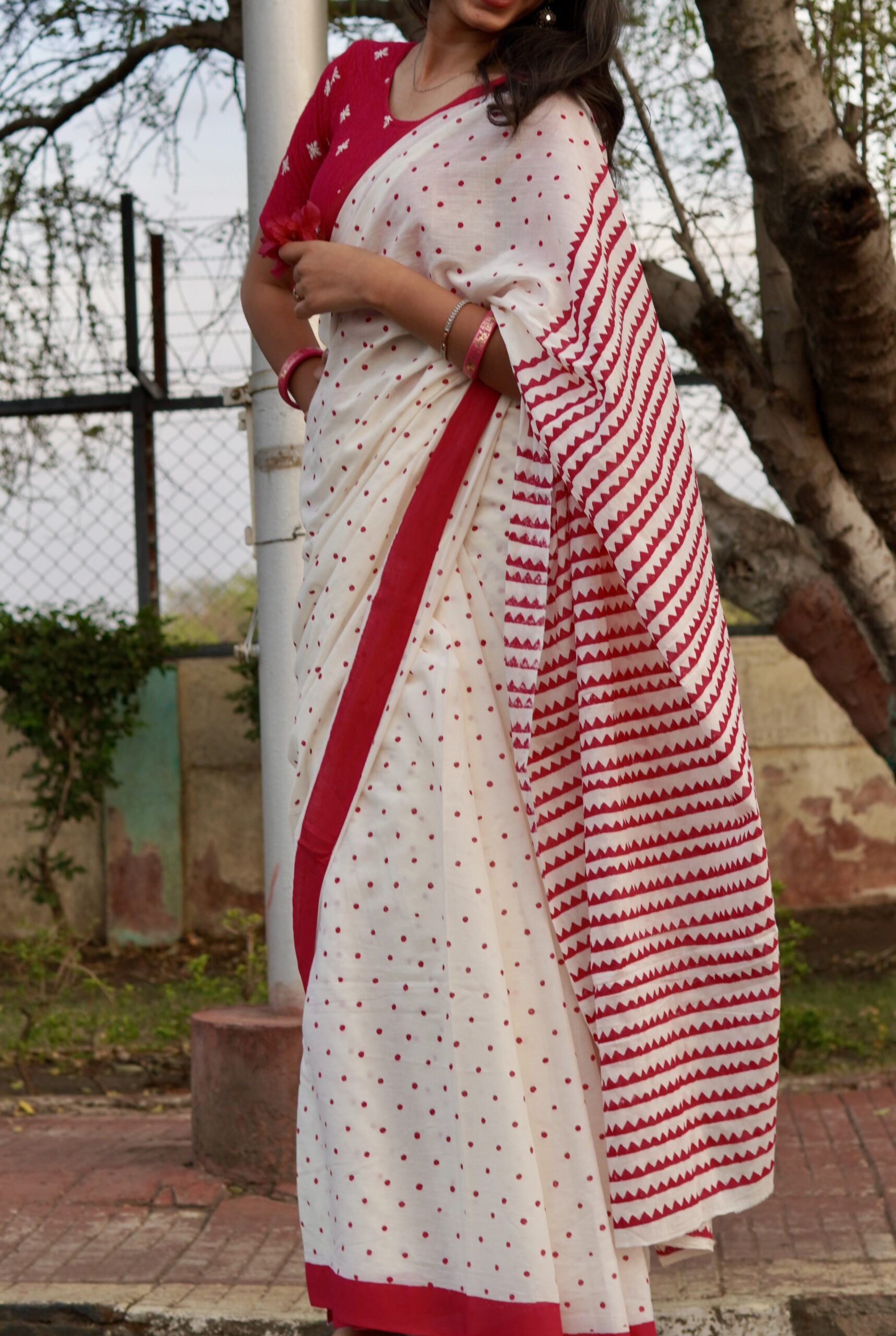Hand Block Print Cotton Saree Red and white hand block print cotton saree with traditional geometric motifs