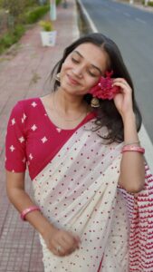 Red and white hand block print cotton saree with traditional geometric motifs