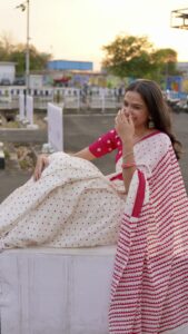 Red and white hand block print cotton saree with traditional geometric motifs