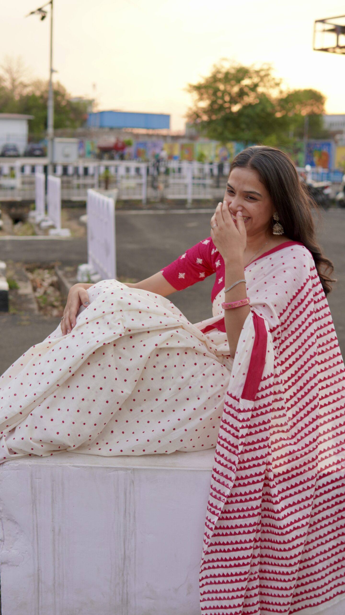 Hand Block Print Cotton Saree Red and white hand block print cotton saree with traditional geometric motifs
