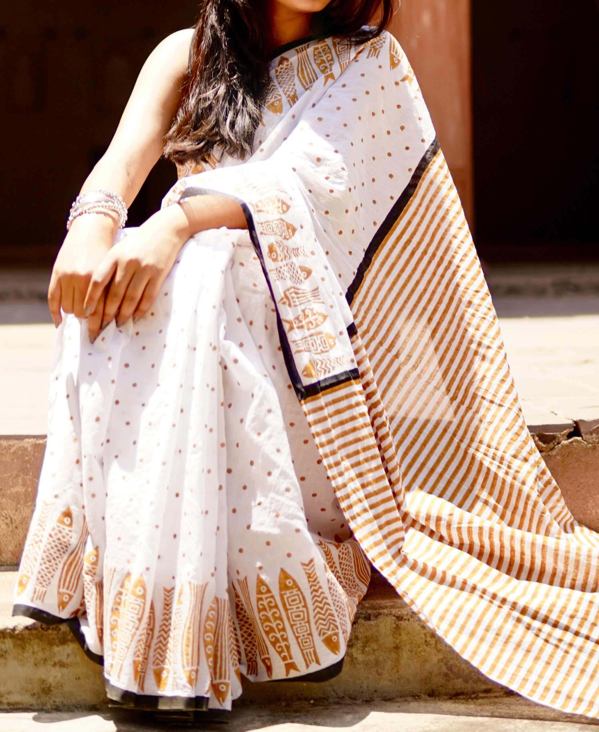Hand Block Print Design Details Hand block print mul cotton saree draped view