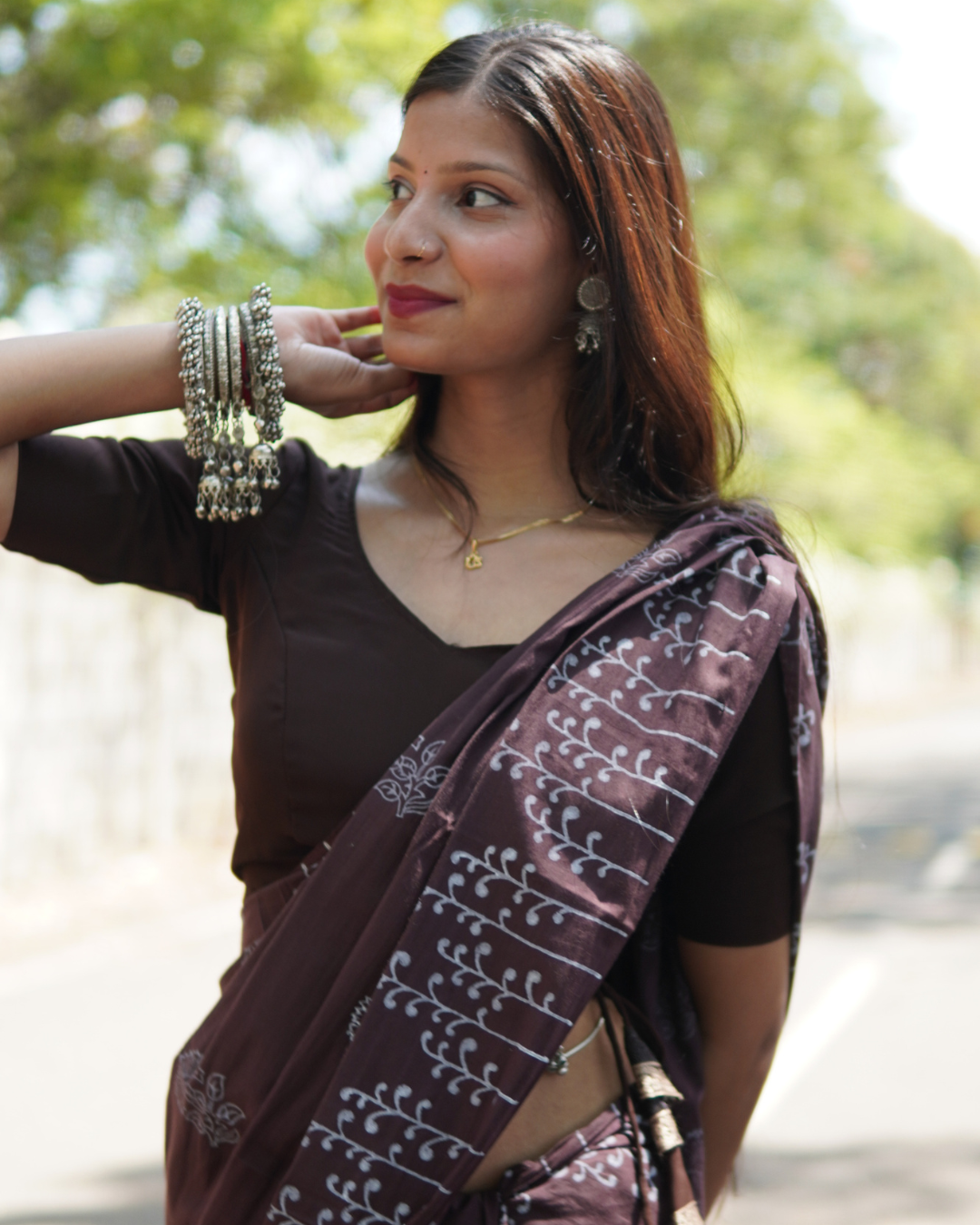 Midnight Plum Hand Block Printed Mul Cotton Saree - Portrait View Model showcasing Midnight Plum Hand Block Printed Mul Cotton Saree with traditional floral motifs