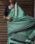 Mint Green Hand Block Printed Cotton Saree showcasing striped pallu and geometric motifs