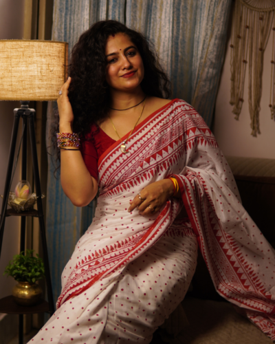 White & Red Hand Block Printed Cotton Saree