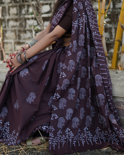 Midnight Plum Hand Block Printed Mul Cotton Saree with white floral motifs by Shree Giriraj Sarees
