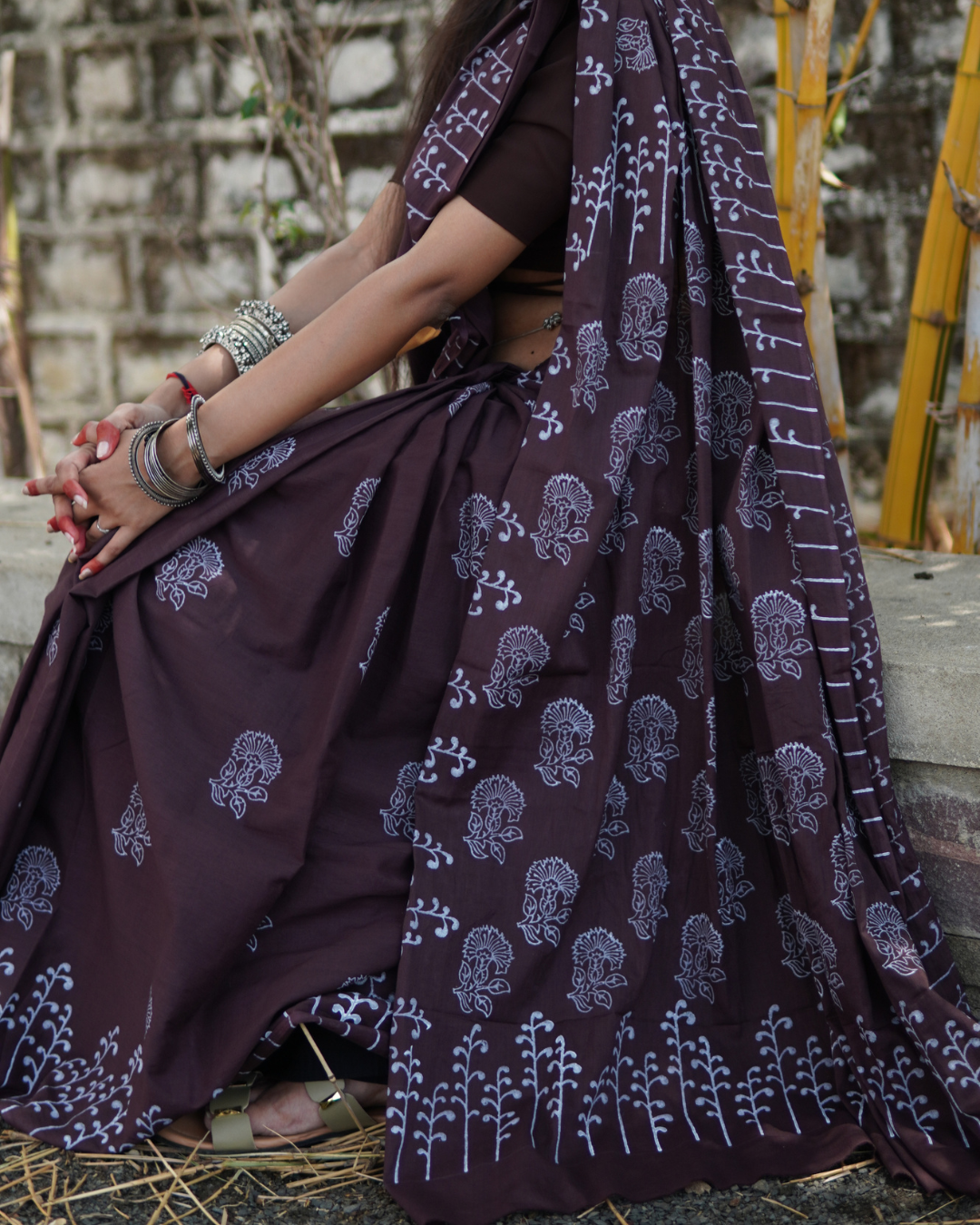 Midnight Plum Hand Block Printed Mul Cotton Saree Midnight Plum Hand Block Printed Mul Cotton Saree with white floral motifs by Shree Giriraj Sarees