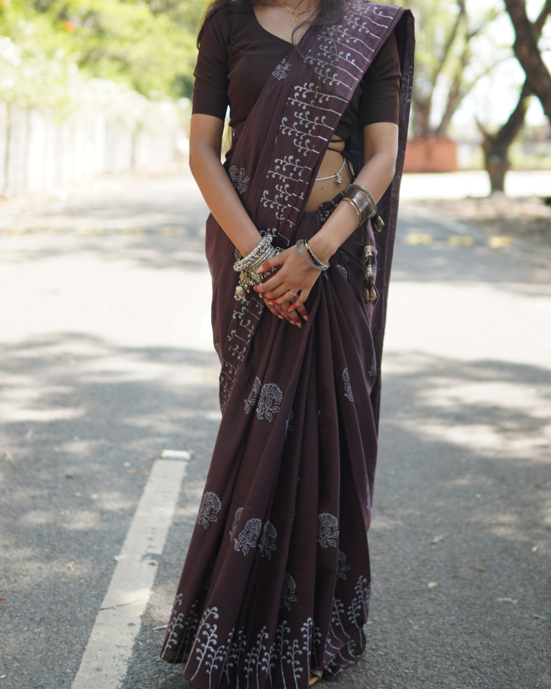 Midnight Plum Hand Block Printed Mul Cotton Saree - Full Drape View Full drape view of Midnight Plum Hand Block Printed Mul Cotton Saree with floral motifs and handcrafted border
