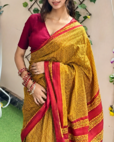 Mustard Yellow Hand Block Printed Mulmul Cotton Saree with Red Border