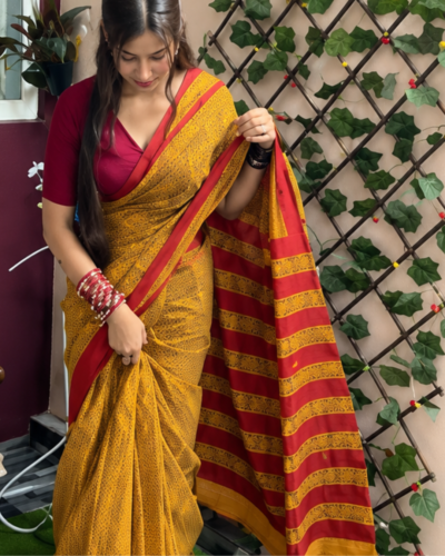 Women's Mustard Yellow Hand Block Printed Mulmul Cotton Saree