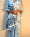 Light Blue Hand Block Printed Mulmul Cotton Saree