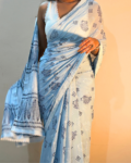 Light Blue Hand Block Printed Mulmul Cotton Saree