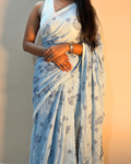 Light Blue Hand Block Printed Mulmul Cotton Saree