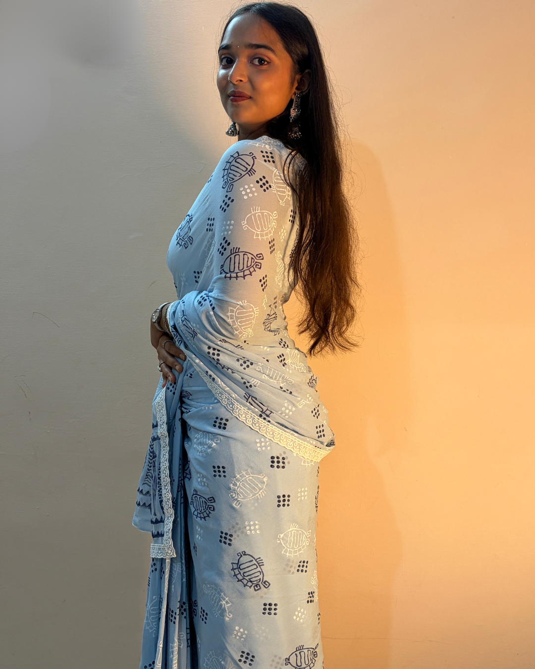 Light blue georgette saree side view with printed motifs