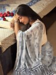 Light blue mulmul cotton saree with hand block prints and printed border