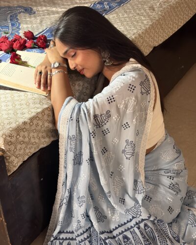 Light blue mulmul cotton saree with hand block prints and printed border