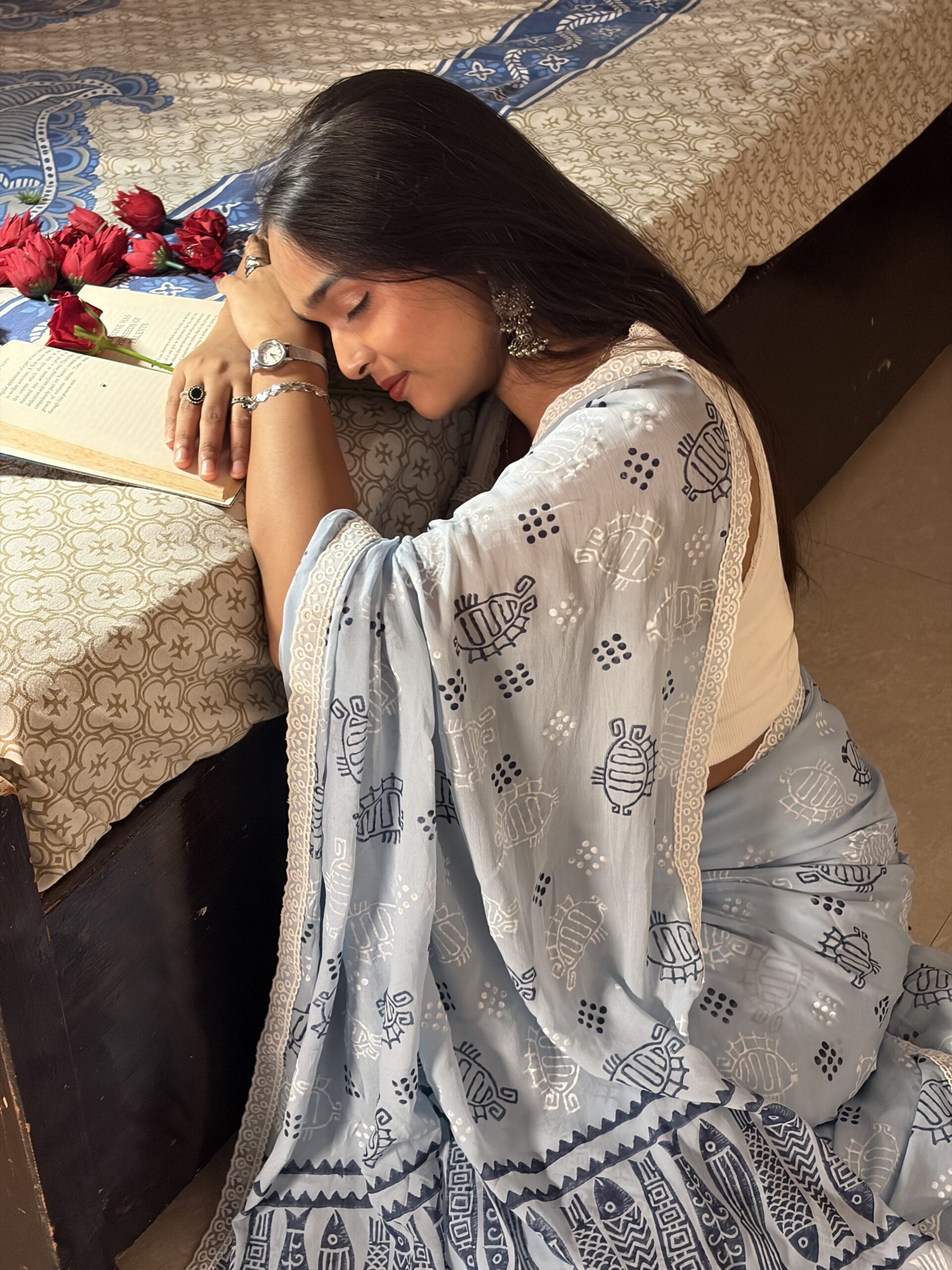 Light blue mulmul cotton saree with hand block prints and printed border