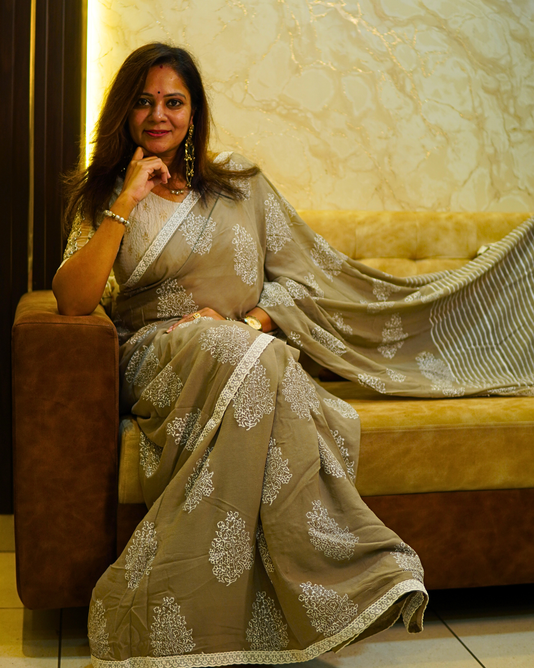 beige Floral Block Print Saree beige floral block print saree with striped pallu