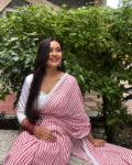 Pink and White Striped Georgette Saree