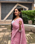 Pink and White Striped Georgette Saree
