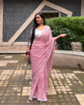 Pink and White Striped Georgette Saree