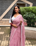 Pink and White Striped Georgette Saree