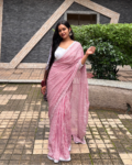 Pink and white striped Georgette saree fabric and drape