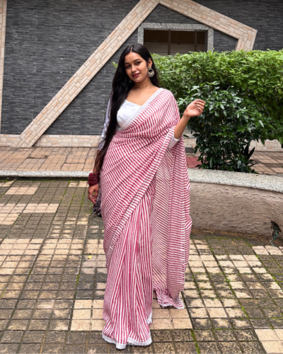 Pink and white striped Georgette saree fabric and drape