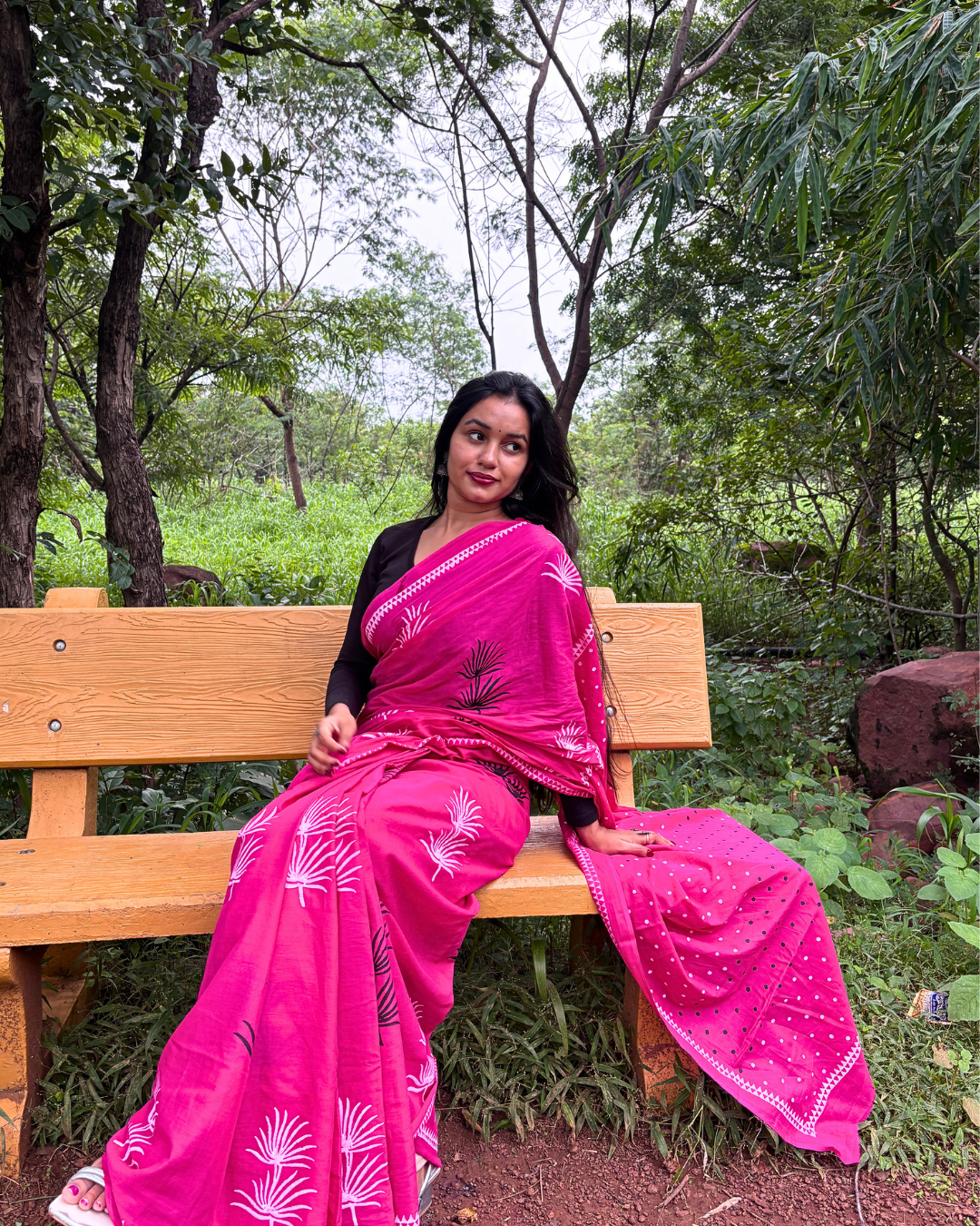 Pink Mulmul Cotton Block Print Saree Pink mulmul cotton saree with white and black block print