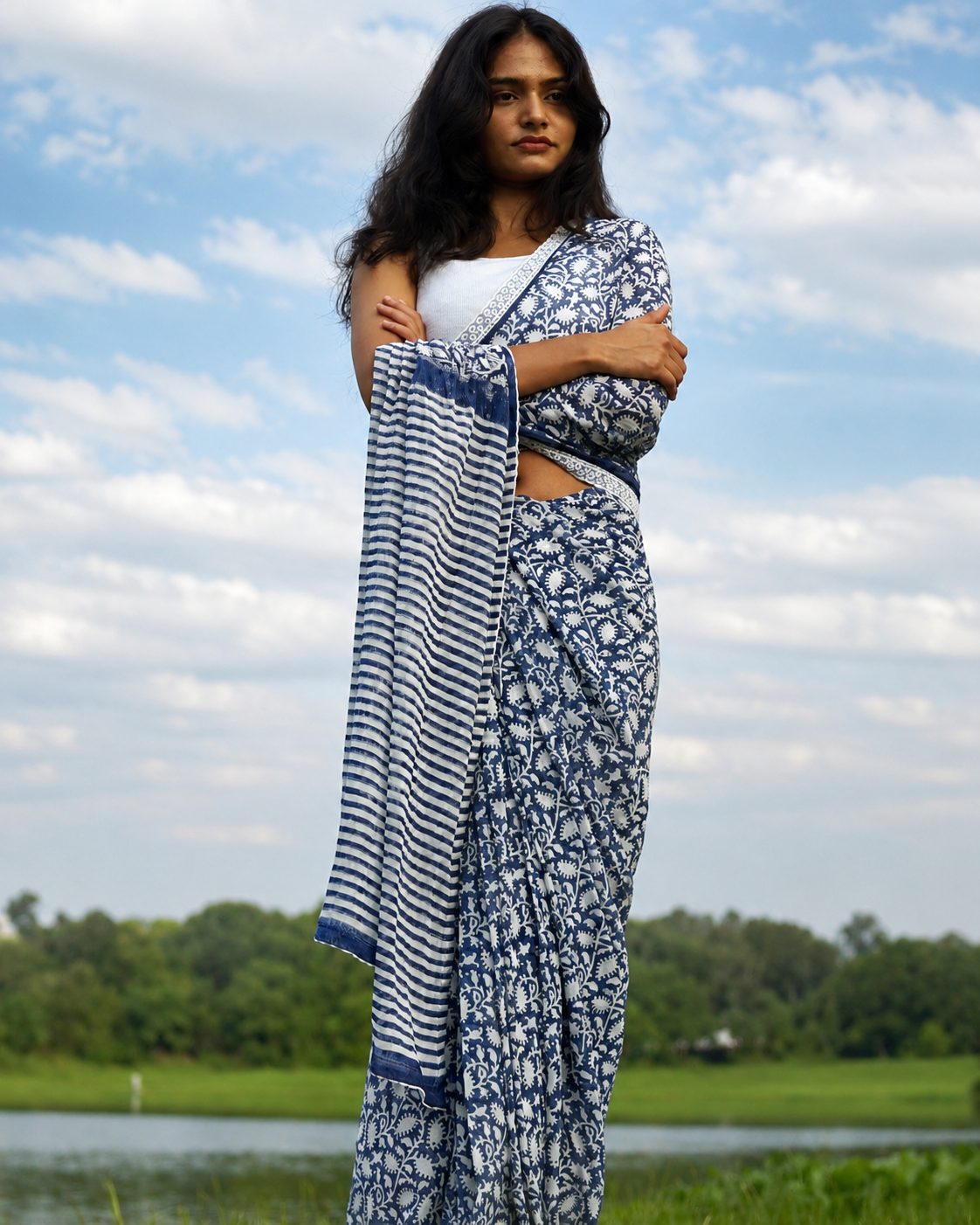 Floral Georgette Saree Full Look Blue and white floral Georgette saree with striped pallu