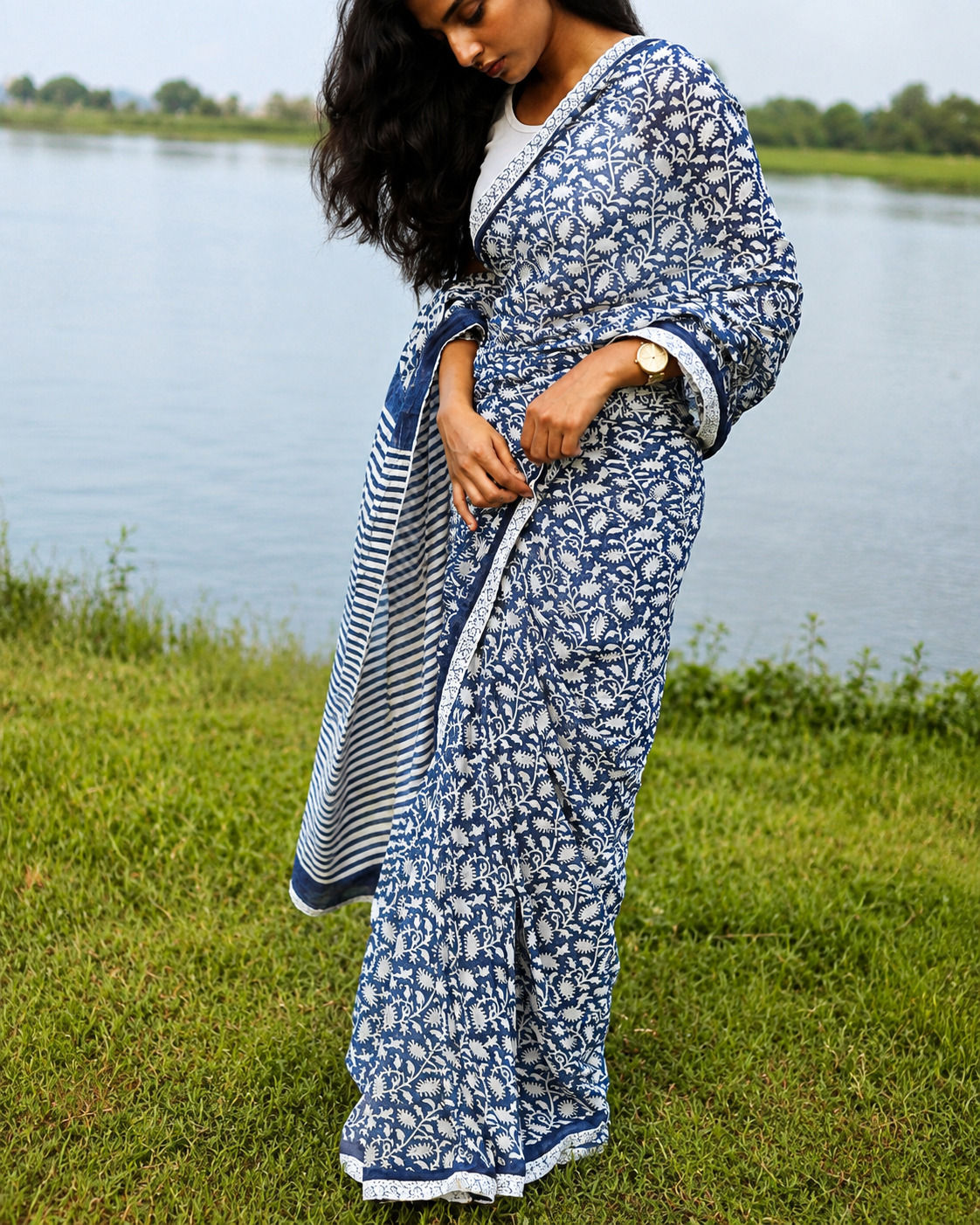 Blue White Printed Saree Look Woman wearing blue and white floral Georgette saree
